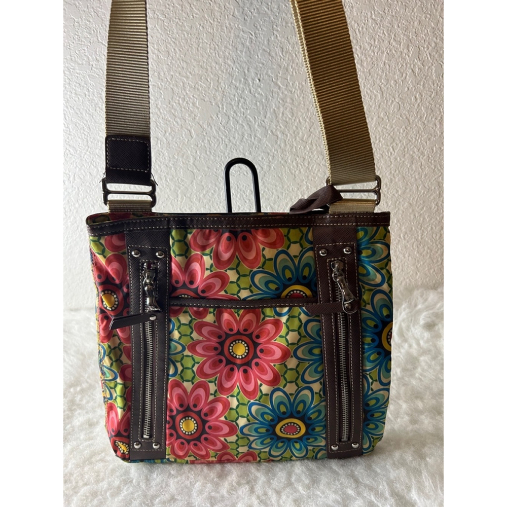 Franco Sarto Swing Crossbody bag Purse Flower Pattern with Brown Leather Trim